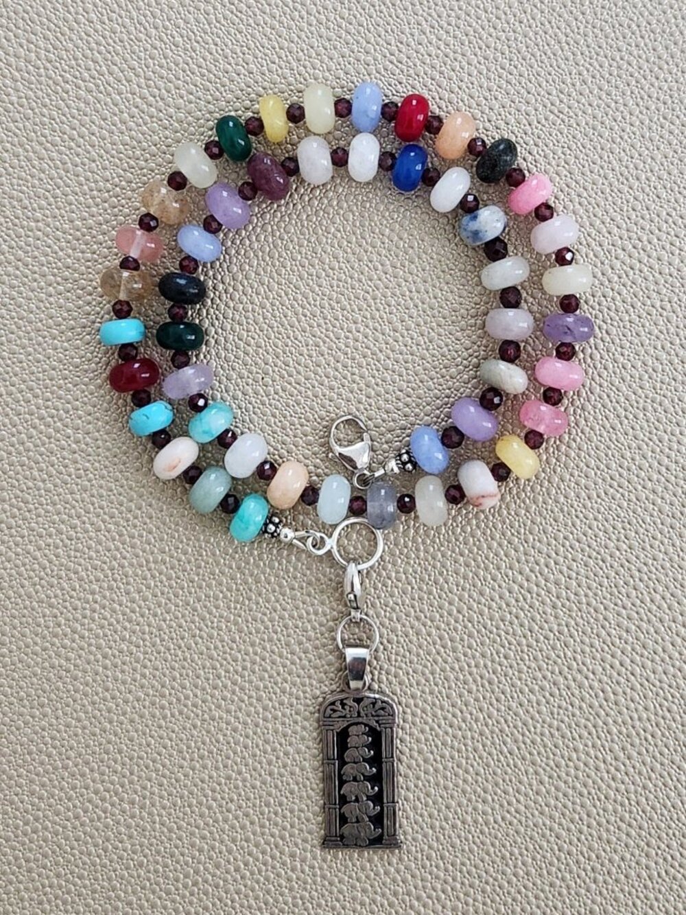 MIXED GEMSTONE NECKLACE W/ ELEPHANT PENDANT-16"